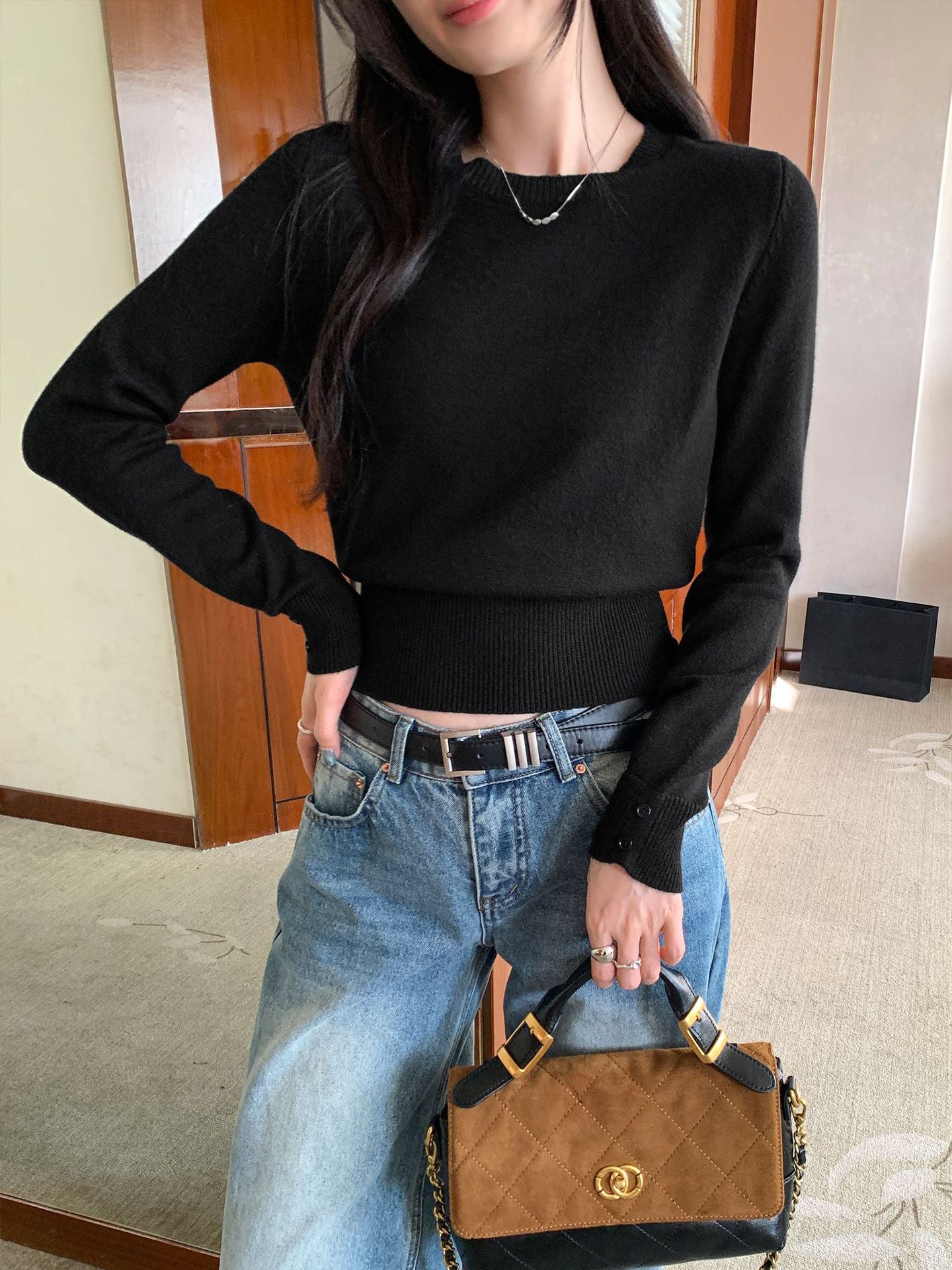 Soft Pink Round Neck Knit Top for Women, Fitted Slim Fit, Short Length Innerwear Sweater